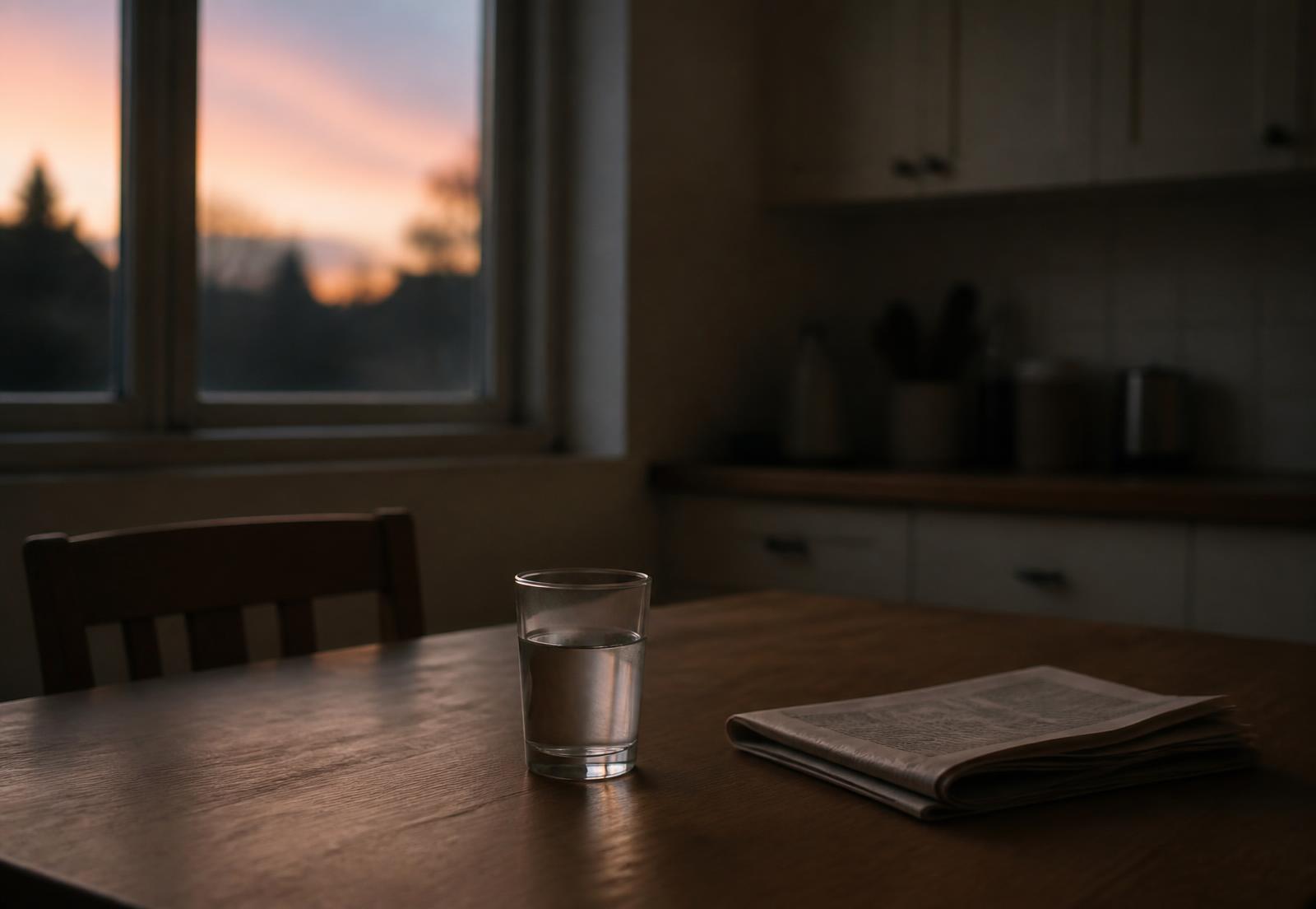 A quiet kitchen table at dusk with an untouched glass of water